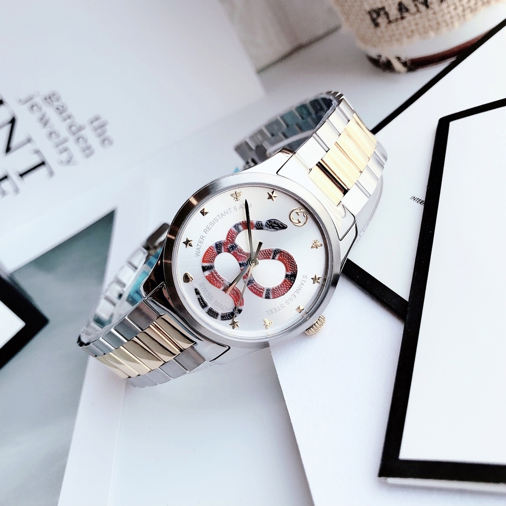 Gucci Silver and Gold Watch with Red and Black Snake Design